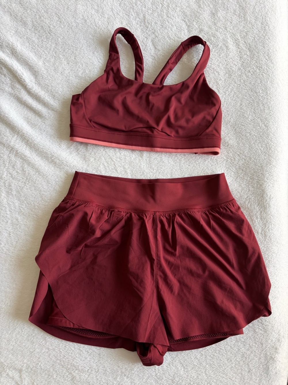 Athleta Crossover Run Shorts with bike shirt lining and pockets - red burgandy